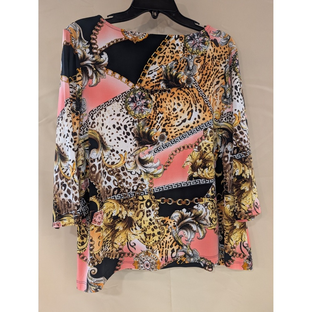 INVESTMENTS PETITES PXL Baroque Leopard Chain Print Tunic Top 3/4 Sleeve Stretch - Picture 3 of 4